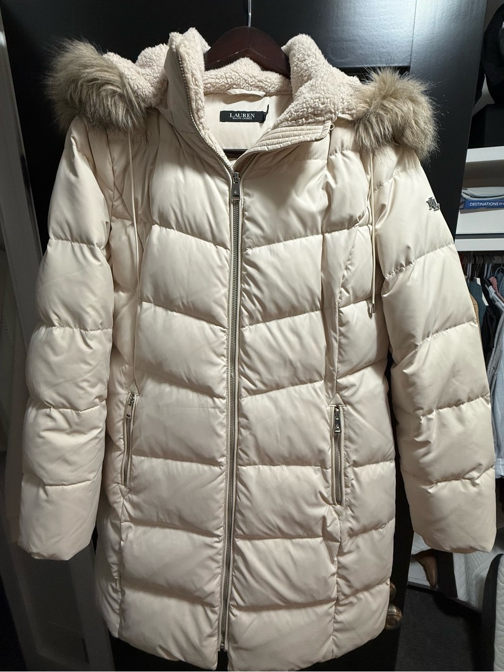 Lauren Ralph Lauren Down Puffer Coat Faux Fur Hood Cream M